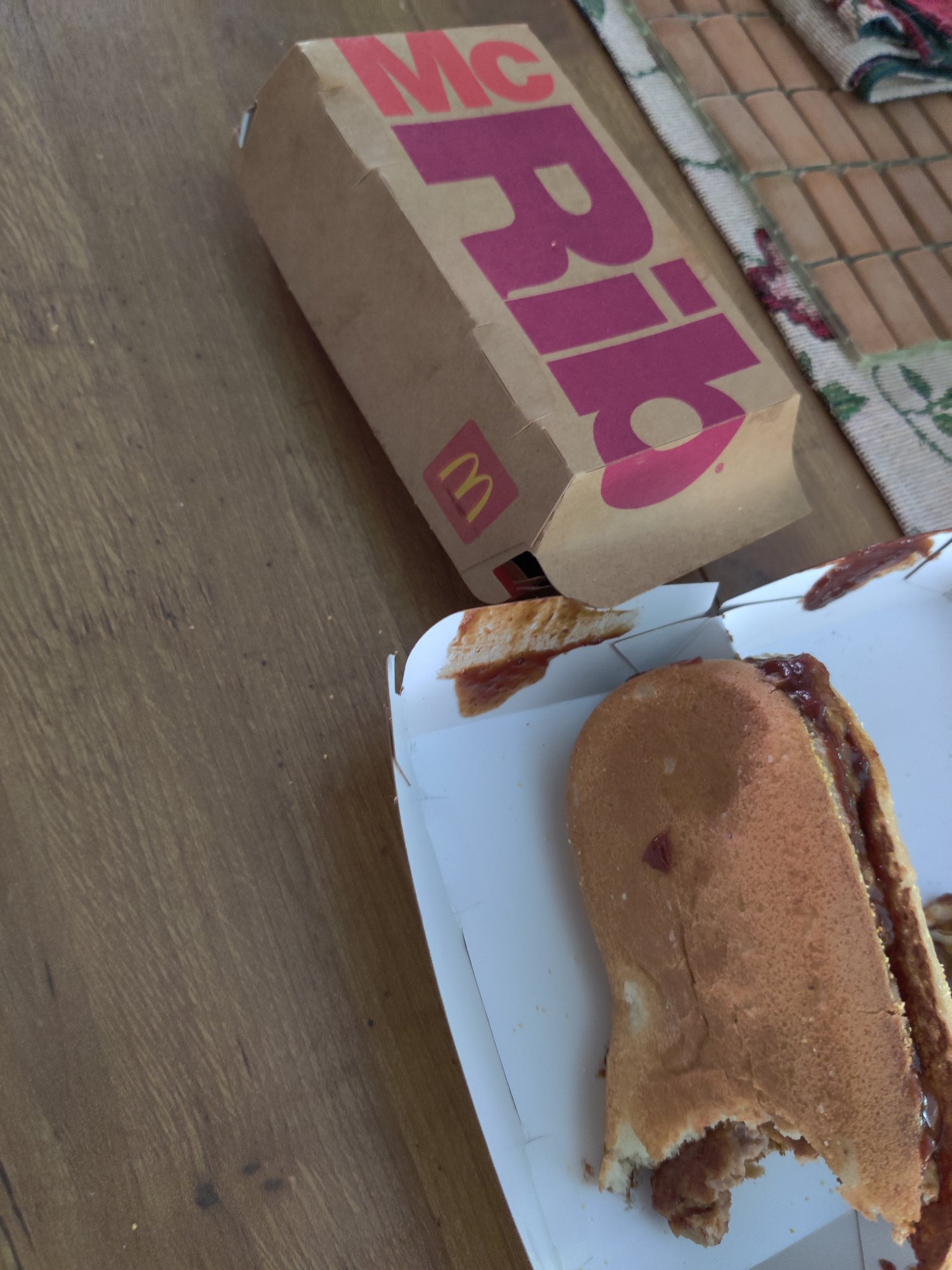 McRib is back! — the McRib in its box on the table at home, Wed · Dec 2, 2020
