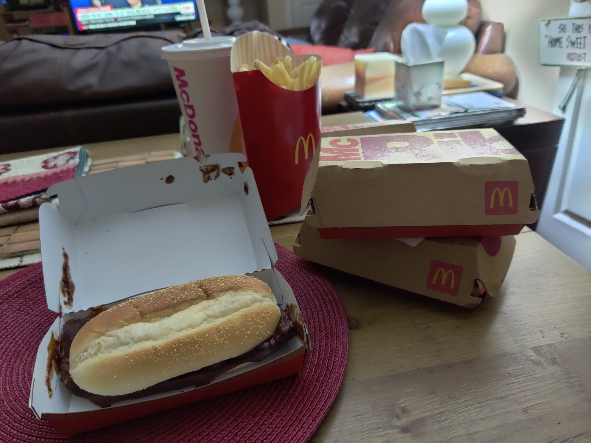 McRib is back! — the next day — the McRib on a tray with fries and a drink, Thu · Dec 3, 2020