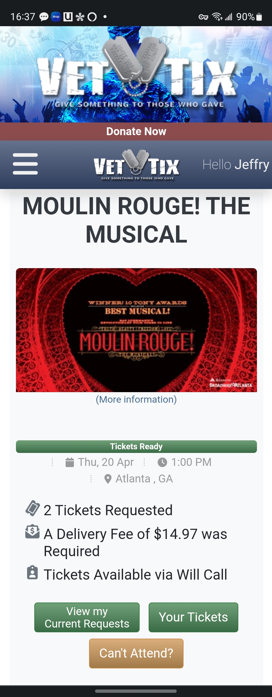 Ticket for Moulin Rouge! at Atlanta — 2023-04-20