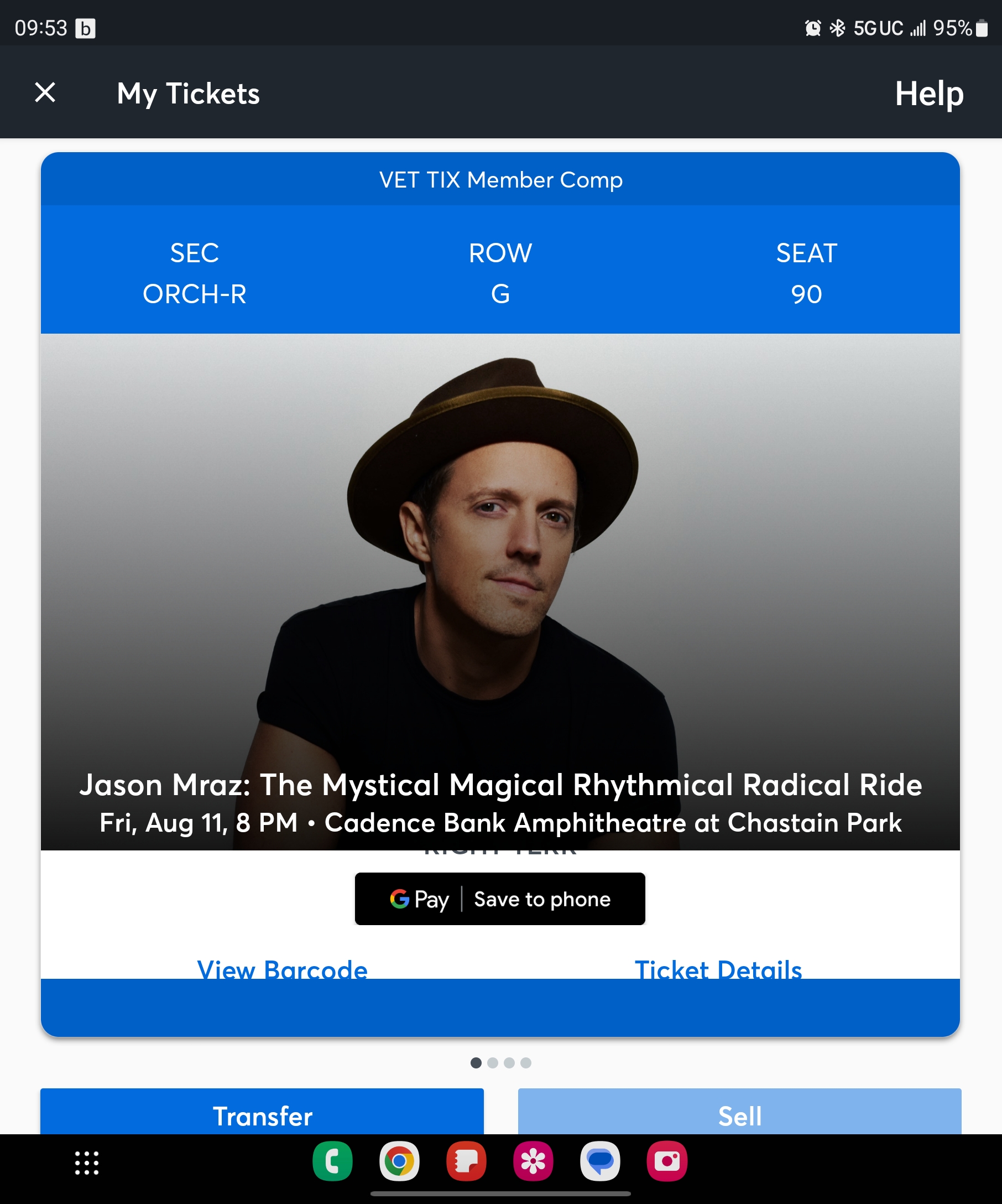 Ticket for Jason Mraz at Cadence Bank Amphitheatre at Chastain Park — 2023-08-11