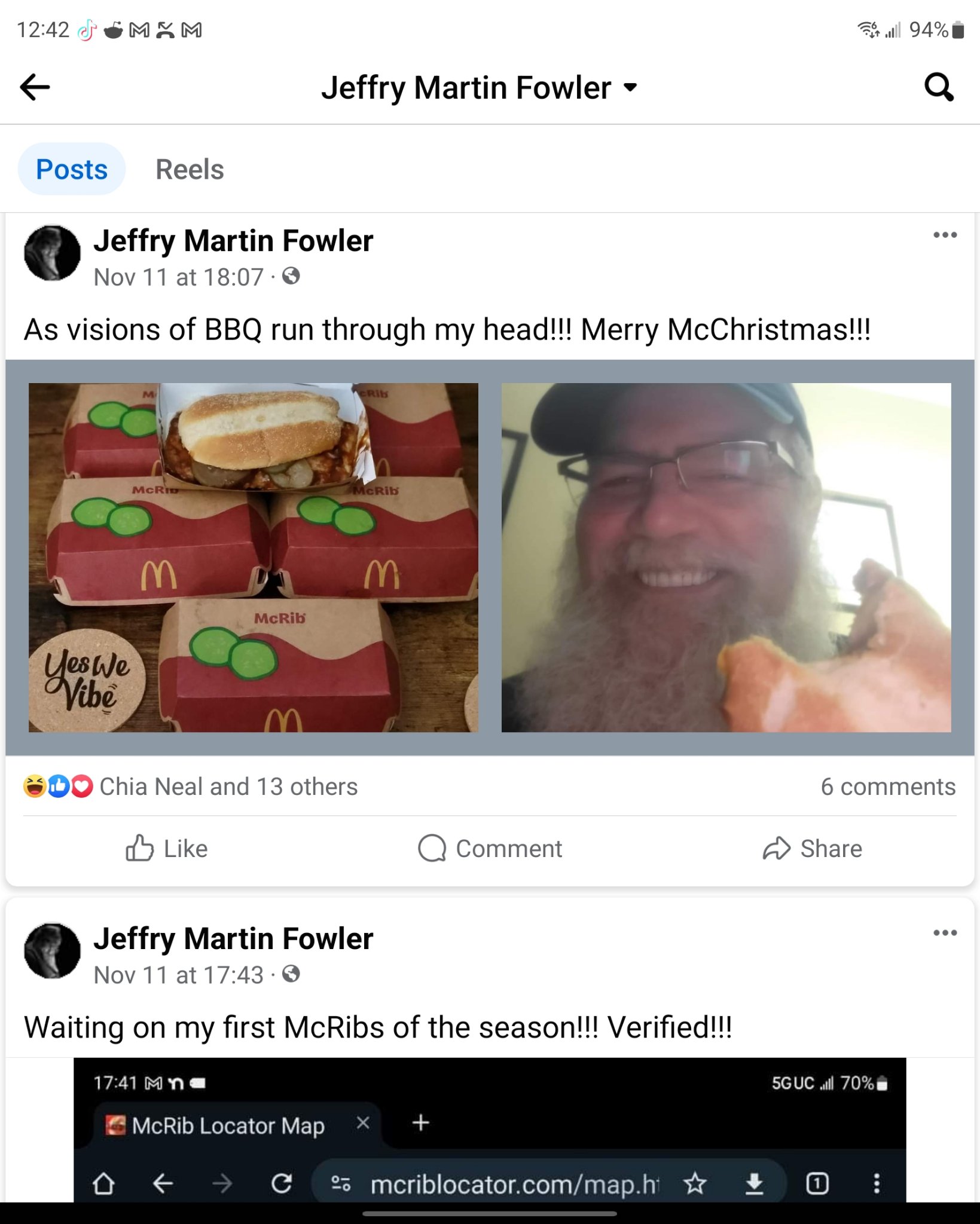 McRib is back! — Jeffry’s Facebook post about the McRib stack, Thu · Nov 16, 2023