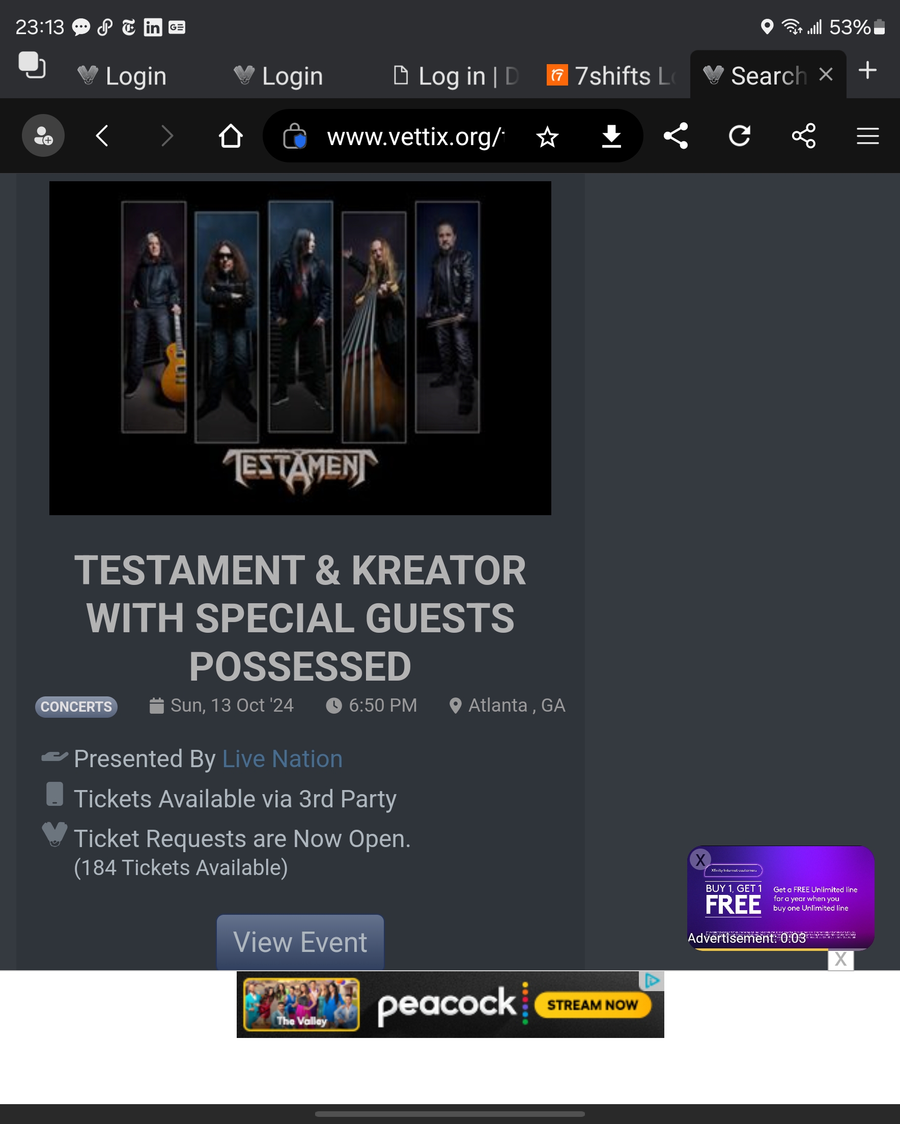 Ticket for Testament & Kreator at The Tabernacle — 2024-10-13
