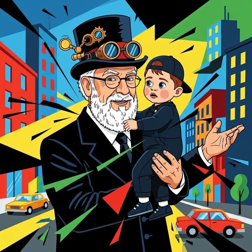 First Halloween trick-or-treating with my grandchildren — a pop-art illustration of Jeffry holding his Luigi grandson, Fri · Oct 31, 2025
