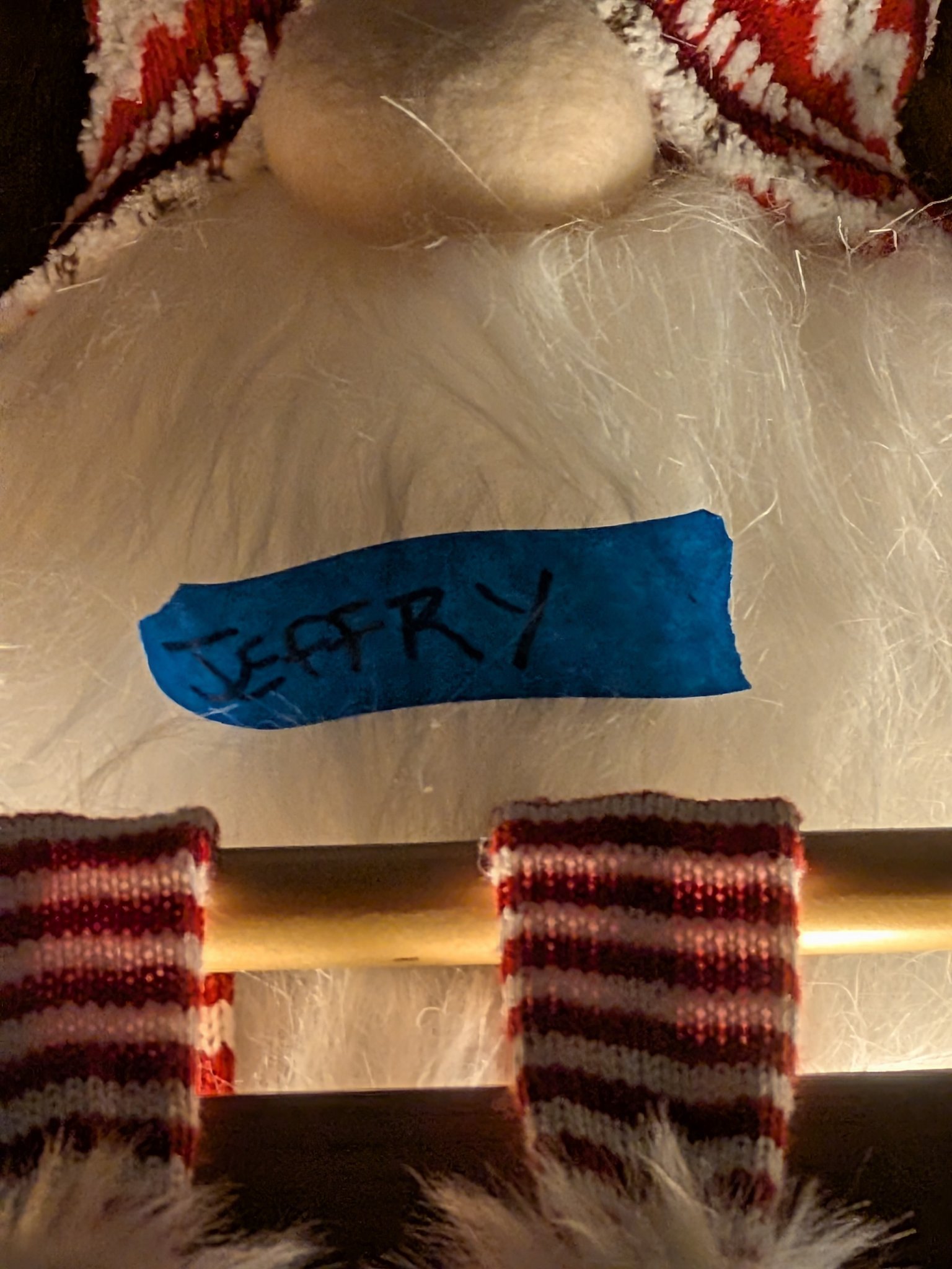 Stage Christmas Party — the Christmas gnome with “JEFFRY” taped to its beard — from the Christmas collection