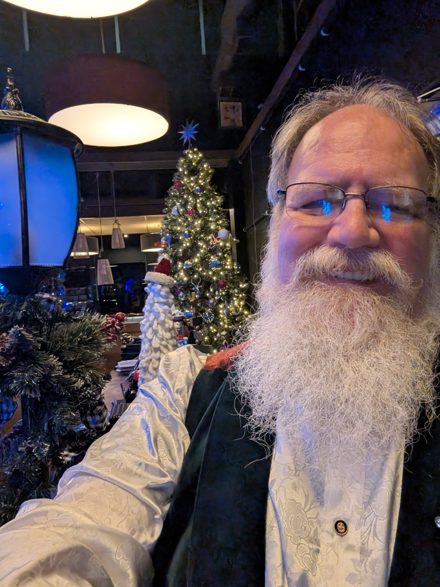 Stage Christmas Party — Jeffry by the green Christmas tree — the photograph the watercolor portrait in this collection was painted from — from the Christmas collection