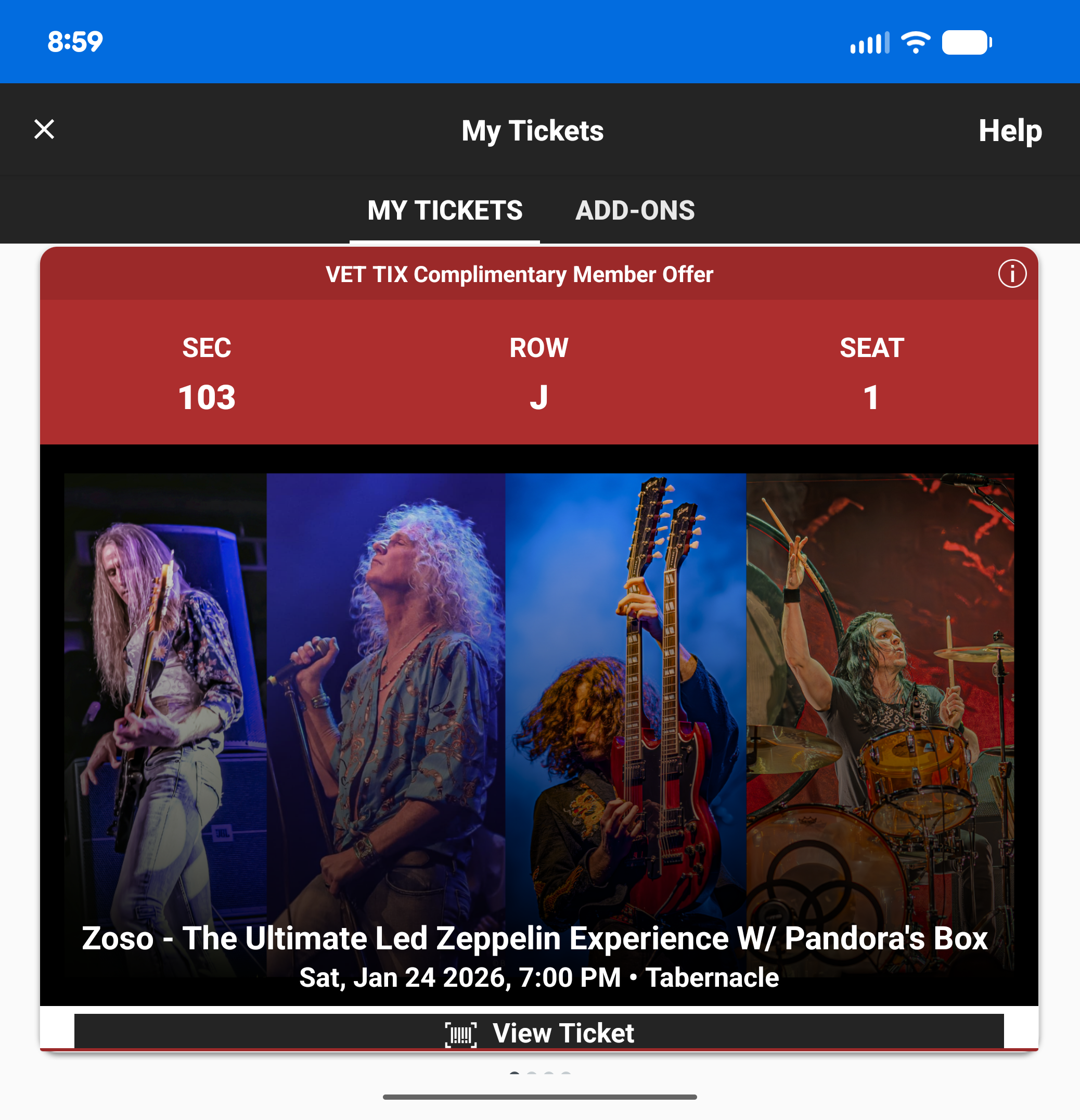 Ticket for Zoso at Tabernacle — 2026-01-24