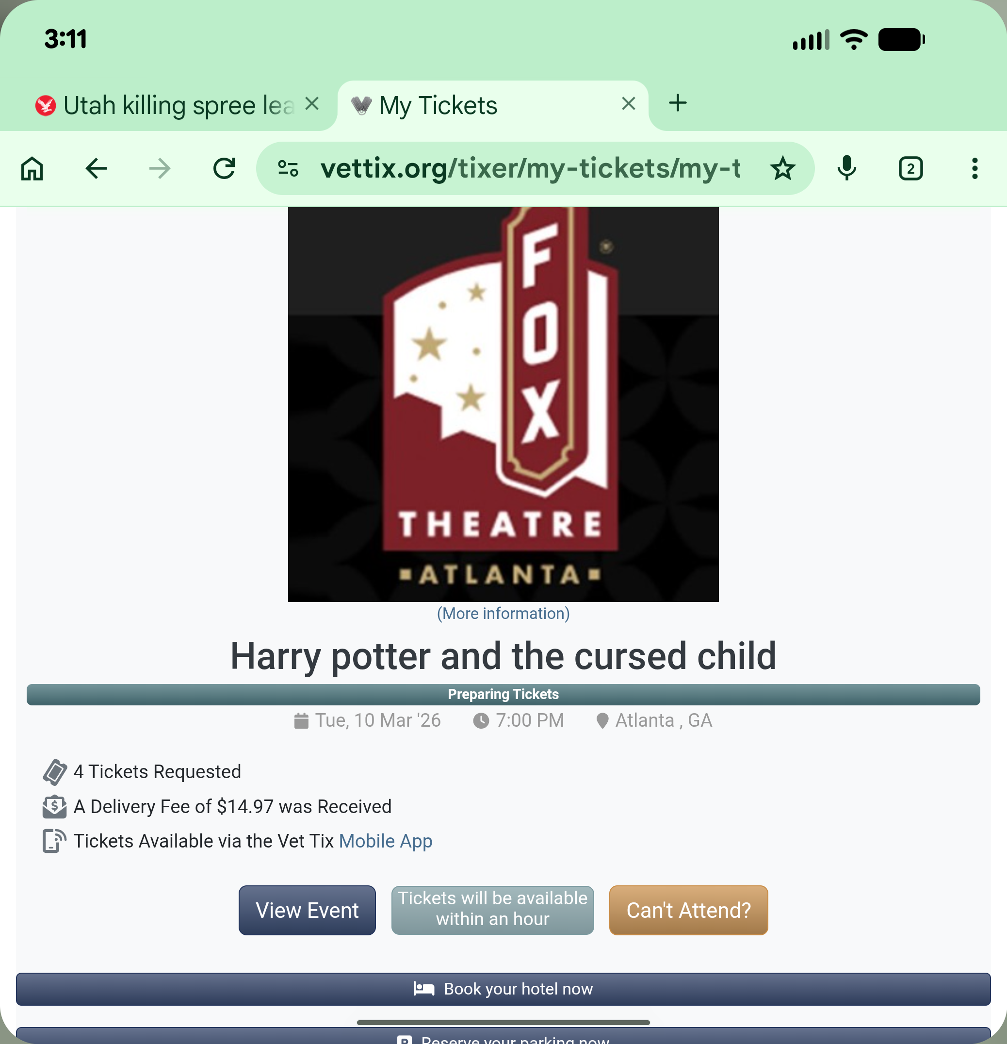 Ticket for Harry Potter and the Cursed Child at Fox Theatre — 2026-03-10